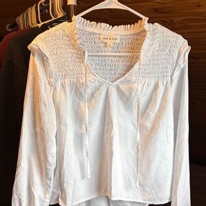 cloth & stone White Smocked Yoke V‑Neck Long Sleeve Blouse